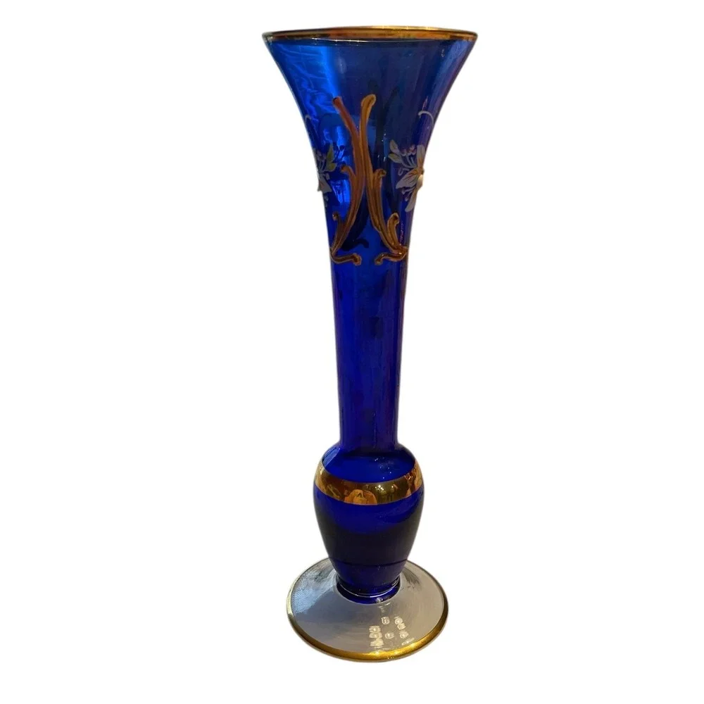 Bohemian Czech Cobalt Blue Art Glass Vase Gold Floral Trumpet 9.75